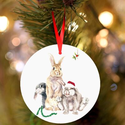 Bramble, Lexie and Tommy, Rabbits, ceramic hanging Christmas decoration, tree ornament by Jane Bannon
