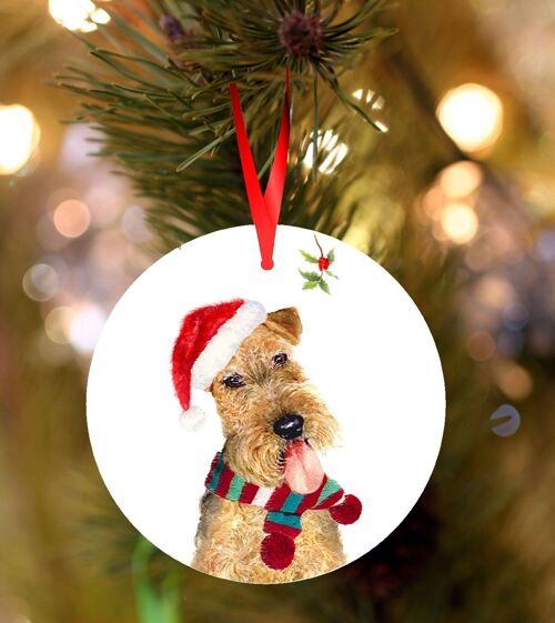 Bryn, Welsh terrier, ceramic hanging Christmas decoration, tree ornament by Jane Bannon