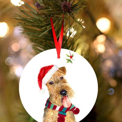 Bryn, Welsh terrier, ceramic hanging Christmas decoration, tree ornament by Jane Bannon