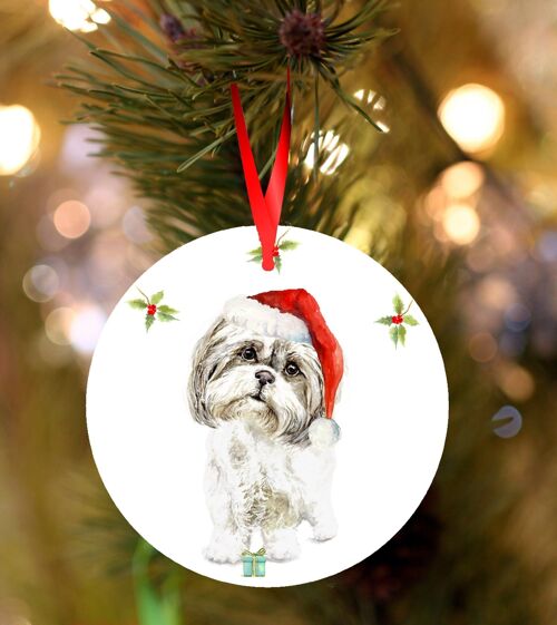 Bubbles, Shih tzu, ceramic hanging Christmas decoration, tree ornament by Jane Bannon