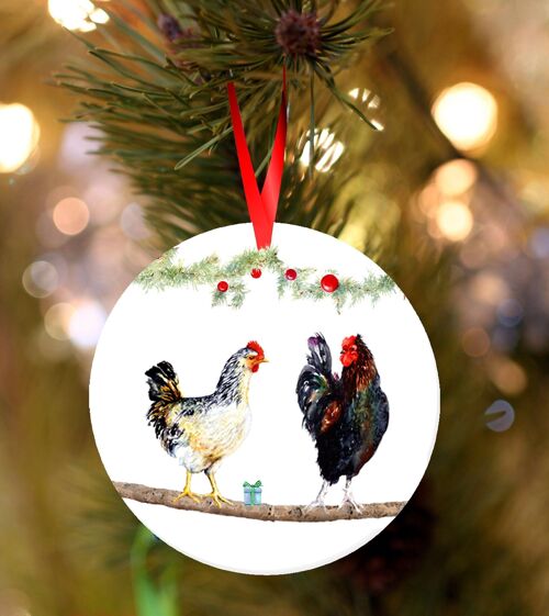 Chickens on a Branch, ceramic hanging Christmas decoration, tree ornament by Jane Bannon