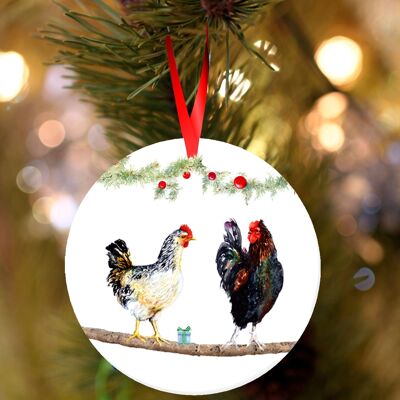 Pollos en una rama, decoración navideña colgante de cerámica, adorno de árbol de Jane Bannon