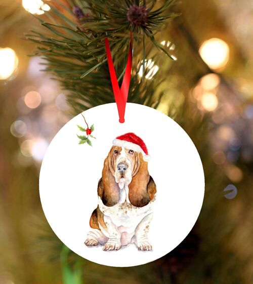 Colin, Basset hound, ceramic hanging Christmas decoration, tree ornament by Jane Bannon