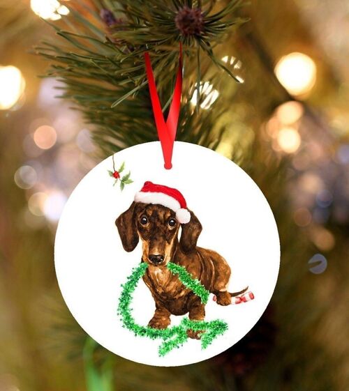 Danny, Brown Dachshund, ceramic hanging Christmas decoration, tree ornament by Jane Bannon