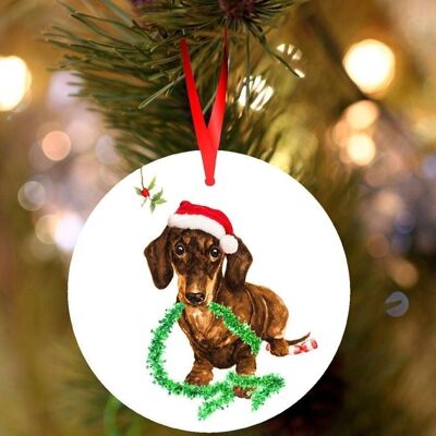 Danny, Brown Dachshund, ceramic hanging Christmas decoration, tree ornament by Jane Bannon