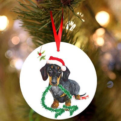 Danny, Dachshund, ceramic hanging Christmas decoration, tree ornament by Jane Bannon