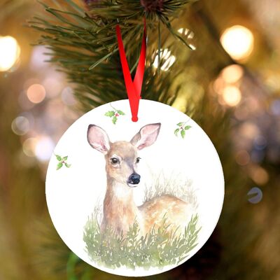 Biche, cerf, décoration de Noël à suspendre en céramique, ornement d'arbre par Jane Bannon