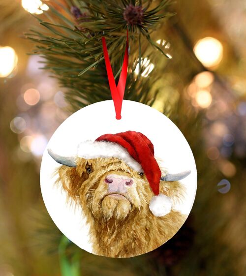 Donald, Highland cow, ceramic hanging Christmas decoration, tree ornament by Jane Bannon