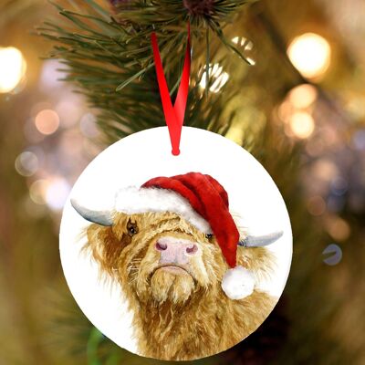 Donald, vache Highland, décoration de Noël à suspendre en céramique, ornement d'arbre par Jane Bannon