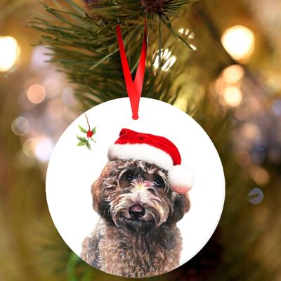 Douglas, Brown Labradoodle, ceramic hanging Christmas decoration, tree ornament by Jane Bannon