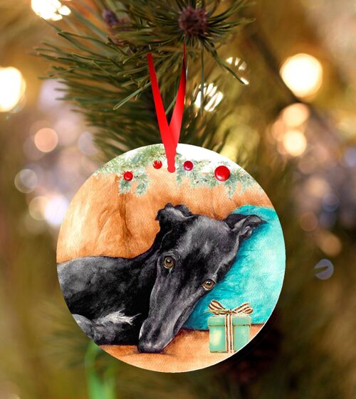 Ebony, Greyhound, ceramic hanging Christmas decoration, tree ornament by Jane Bannon