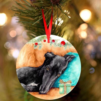 Ébène, Greyhound, décoration de Noël à suspendre en céramique, ornement d'arbre par Jane Bannon