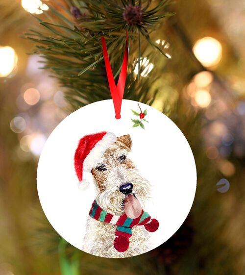 Eddie, Wirehaired fox terrier, ceramic hanging Christmas decoration, tree ornament by Jane Bannon