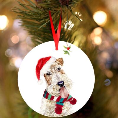 Eddie, Wirehaired fox terrier, ceramic hanging Christmas decoration, tree ornament by Jane Bannon