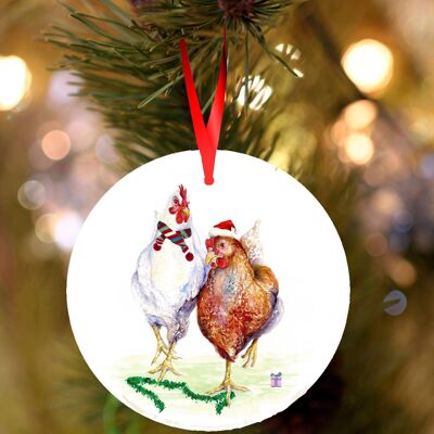 Ethel & Mable, Chickens, ceramic hanging Christmas decoration, tree ornament by Jane Bannon