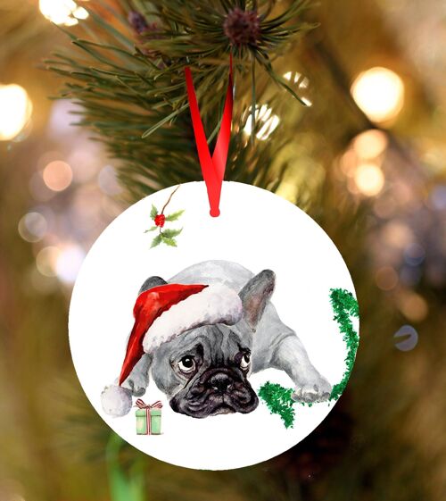 Gus, Blue French bulldog, ceramic hanging Christmas decoration, tree ornament by Jane Bannon