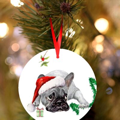 Gus, Blue French bulldog, ceramic hanging Christmas decoration, tree ornament by Jane Bannon