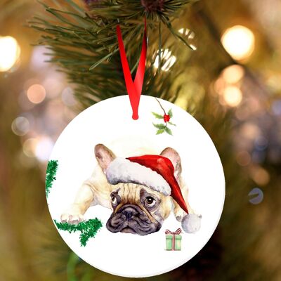 Gus, French bulldog, ceramic hanging Christmas decoration, tree ornament by Jane Bannon