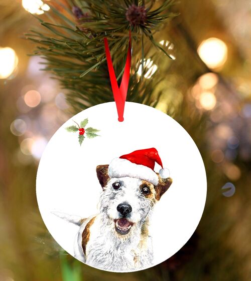 Harvey Jack russell, ceramic hanging Christmas decoration, tree ornament by Jane Bannon