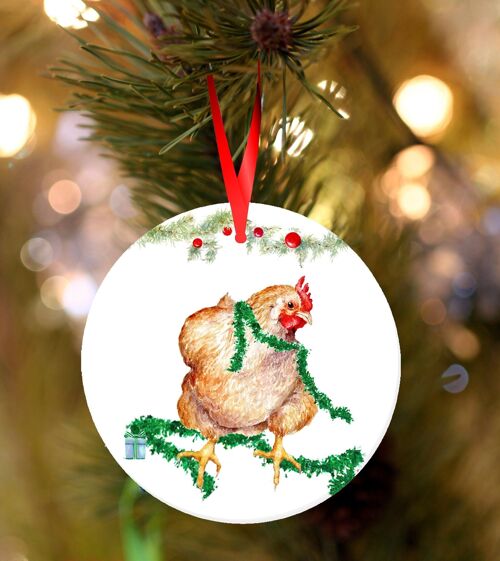 henrietta, Chicken, ceramic hanging Christmas decoration, tree ornament by Jane Bannon