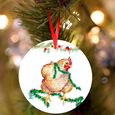 henrietta, Chicken, ceramic hanging Christmas decoration, tree ornament by Jane Bannon