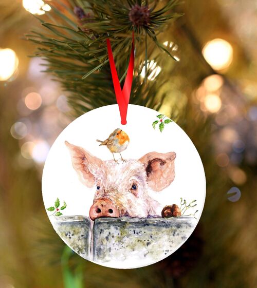 Jasper, Pig , white ceramic hanging Christmas decoration, tree ornament by Jane Bannon
