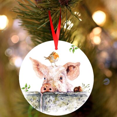 Jasper, Pig , white ceramic hanging Christmas decoration, tree ornament by Jane Bannon