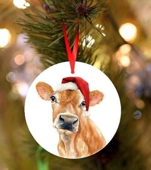 Jennifer, Jersey Cow, ceramic hanging Christmas decoration, tree ornament by Jane Bannon