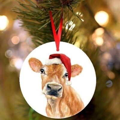 Jennifer, Jersey Cow, ceramic hanging Christmas decoration, tree ornament by Jane Bannon