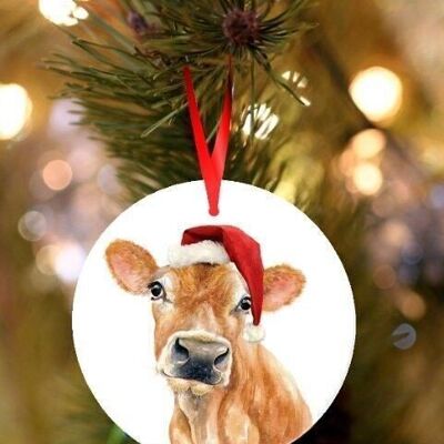 Jennifer, Jersey Cow, ceramic hanging Christmas decoration, tree ornament by Jane Bannon
