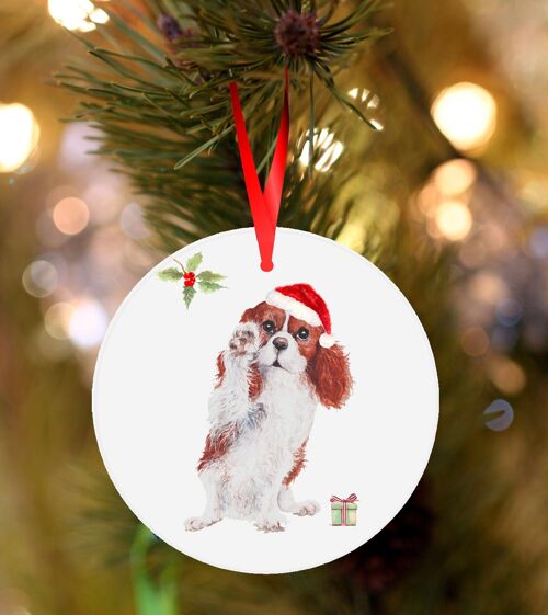 Jenny, Red Cavalier king charles spaniel, ceramic hanging Christmas decoration, tree ornament by Jane Bannon