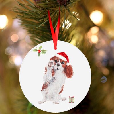 Jenny, Red Cavalier king charles spaniel, ceramic hanging Christmas decoration, tree ornament by Jane Bannon