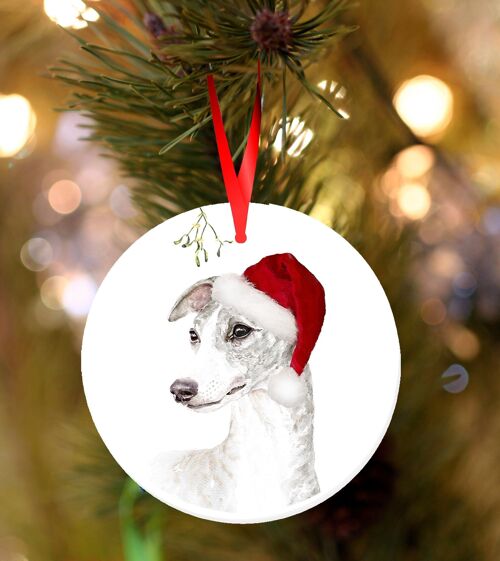 Josie, Whippet, ceramic hanging Christmas decoration, tree ornament by Jane Bannon