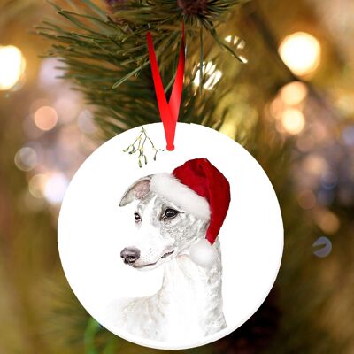 Josie, Whippet, ceramic hanging Christmas decoration, tree ornament by Jane Bannon