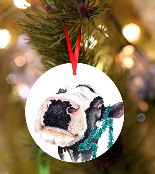 Judy, Cow , white ceramic hanging Christmas decoration, tree ornament by Jane Bannon
