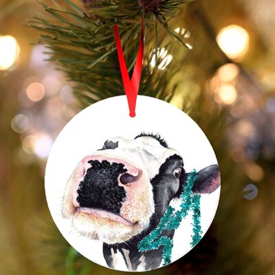 Judy, Cow , white ceramic hanging Christmas decoration, tree ornament by Jane Bannon