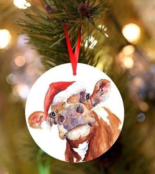 Keith, Holstien Cow, ceramic hanging Christmas decoration, tree ornament by Jane Bannon