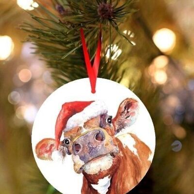 Keith, Holstien Cow, ceramic hanging Christmas decoration, tree ornament by Jane Bannon