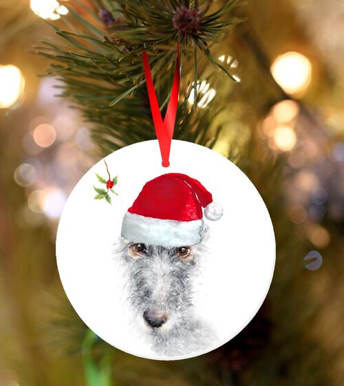 Larry, Lurcher, ceramic hanging Christmas decoration, tree ornament by Jane Bannon