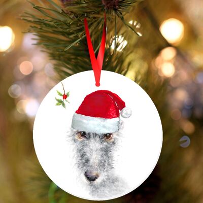 Larry, Lurcher, ceramic hanging Christmas decoration, tree ornament by Jane Bannon