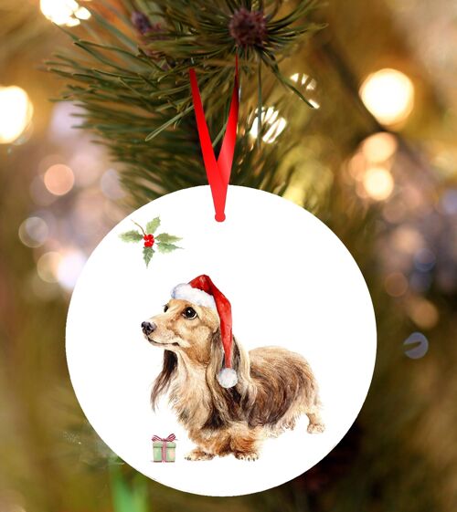 Lilly, Long haired dachshund, ceramic hanging Christmas decoration, tree ornament by Jane Bannon