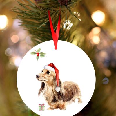 Lilly, Long haired dachshund, ceramic hanging Christmas decoration, tree ornament by Jane Bannon