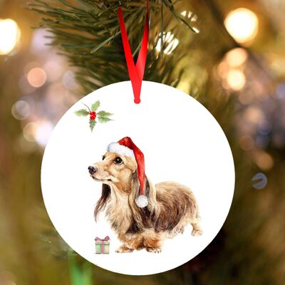 Lilly, Long haired dachshund, ceramic hanging Christmas decoration, tree ornament by Jane Bannon