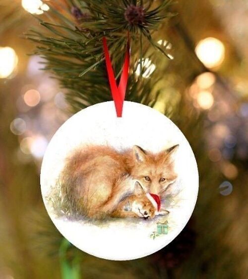 Mothers Love, Fox and cub, ceramic hanging Christmas decoration, tree ornament by Jane Bannon