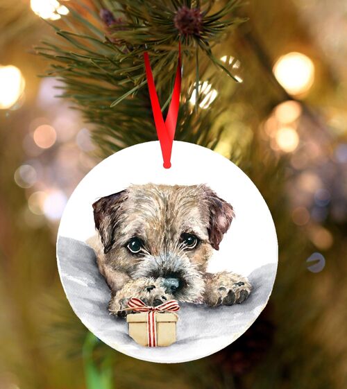 Murray, Border terrier, ceramic hanging Christmas decoration, tree ornament by Jane Bannon