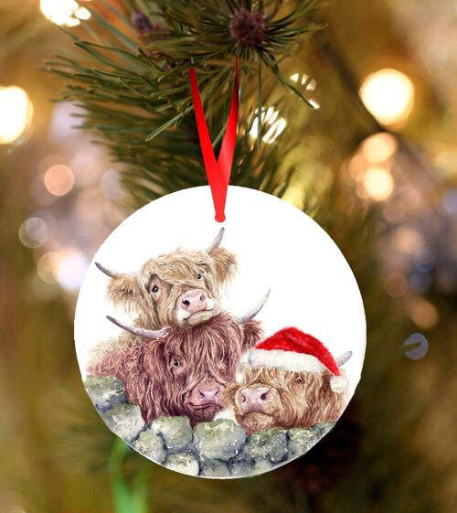 Neighbourhood Watch, Highland cow trio , white ceramic hanging Christmas decoration, tree ornament by Jane Bannon