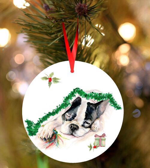 Olive, Boston terrier, ceramic hanging Christmas decoration, tree ornament by Jane Bannon