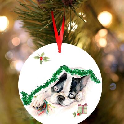Oliva, Boston terrier, decoración navideña colgante de cerámica, adorno de árbol de Jane Bannon