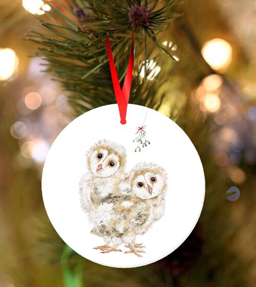Owl babies, ceramic hanging Christmas decoration, tree ornament by Jane Bannon