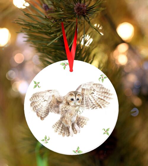 Owl, tawny owl, ceramic hanging Christmas decoration, tree ornament by Jane Bannon